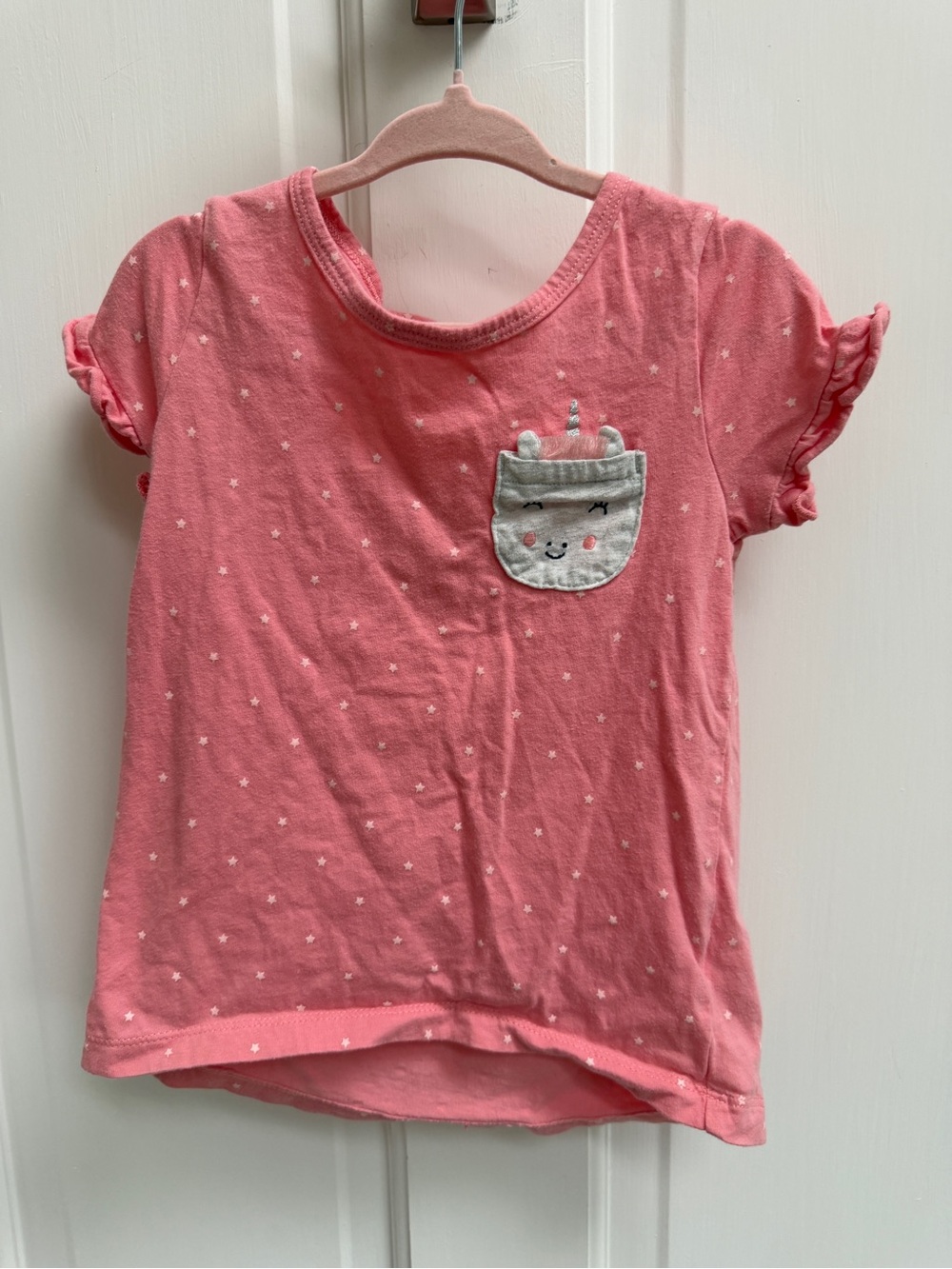 Carter's 4T Girls Pink Star Short Sleeve Top Blouse Shirt with Unicorn Pocket